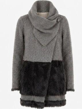 Rinascimento Cozy Gray & Black Faux Fur Trim Open Cardigan Size M  Made in Italy